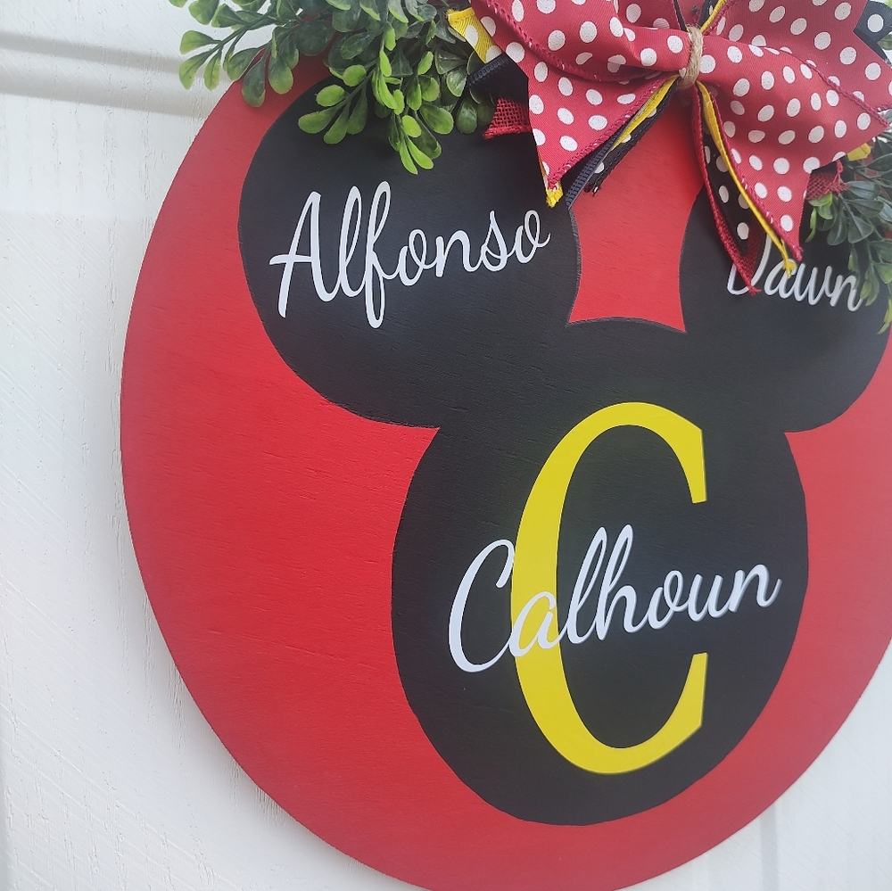 14in Personalized Mickey Mouse Wooden Farmhouse Door Hanger Sign with Greenery - Picture 2 of 6